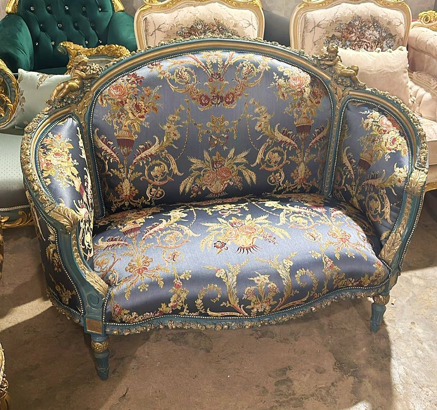 Baroque Style Blue Sofa Vintage Interior Design Gold Leaf Details French