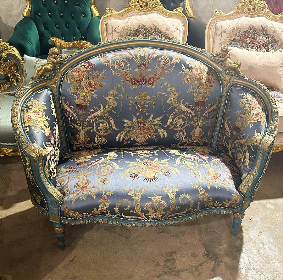 Baroque Style Blue Sofa Vintage Interior Design Gold Leaf Details French