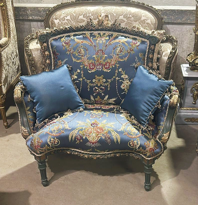 Blue Wing Chair Italian Style Vintage With Gold Details