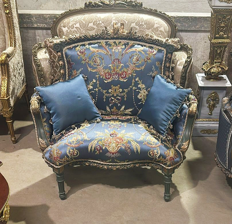 Blue Wing Chair Italian Style Vintage With Gold Details