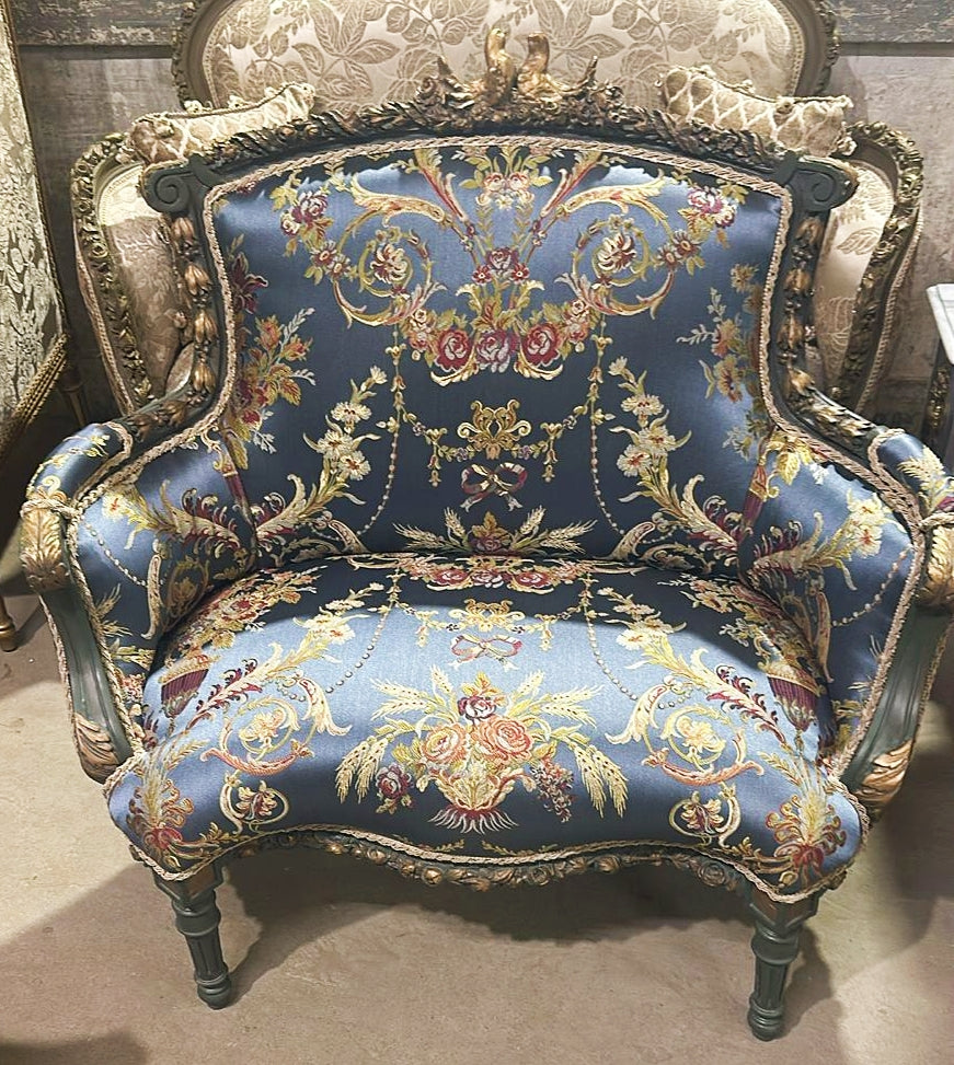 Blue Wing Chair Italian Style Vintage With Gold Details