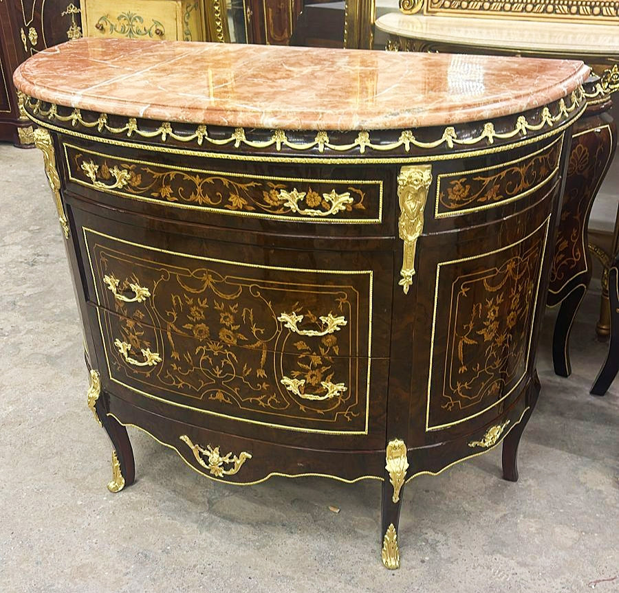 French Style Brown and Gold Commode With Gold Leaf Details