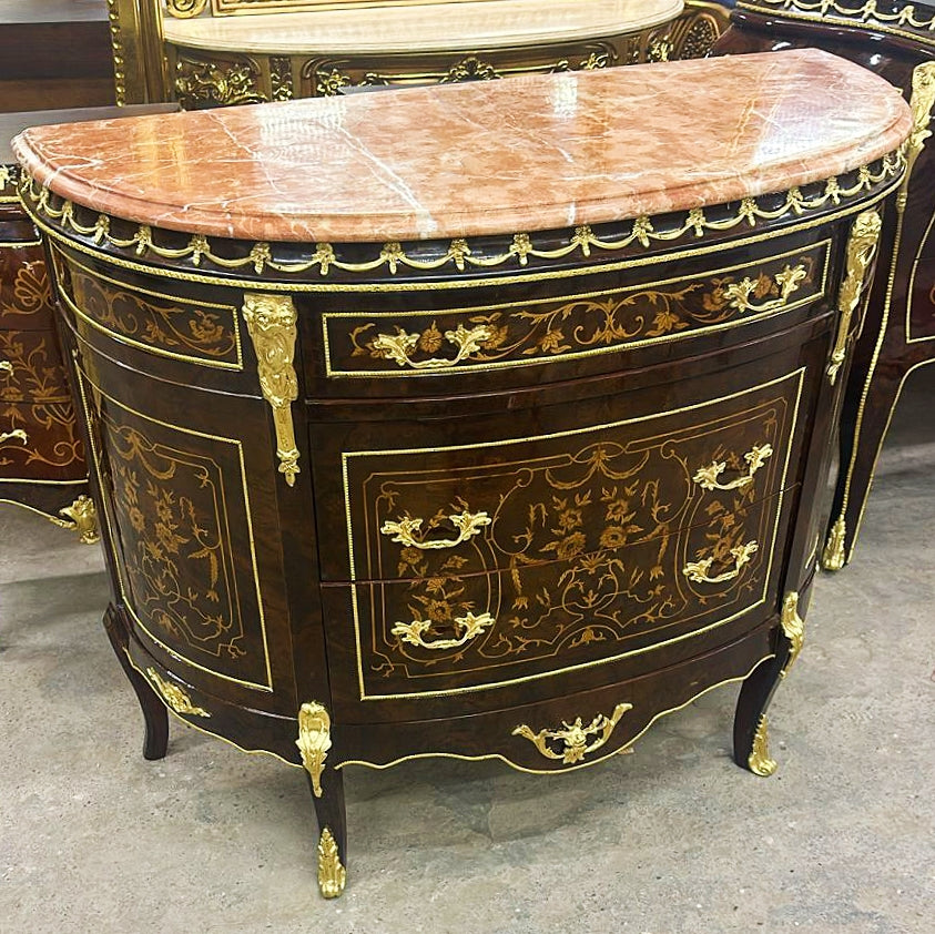 French Style Brown and Gold Commode With Gold Leaf Details