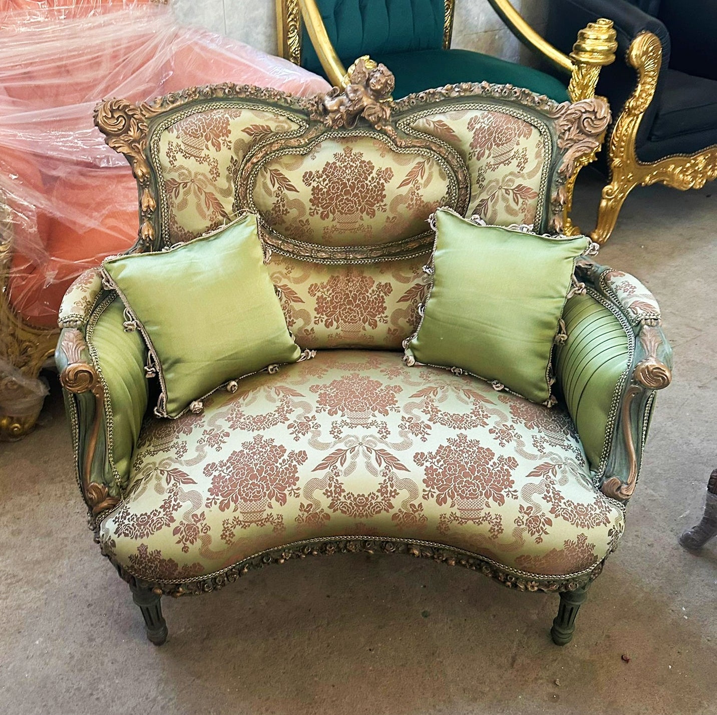Romantic Green Wing Chair Italian Style with Copper Details Damask Fabric