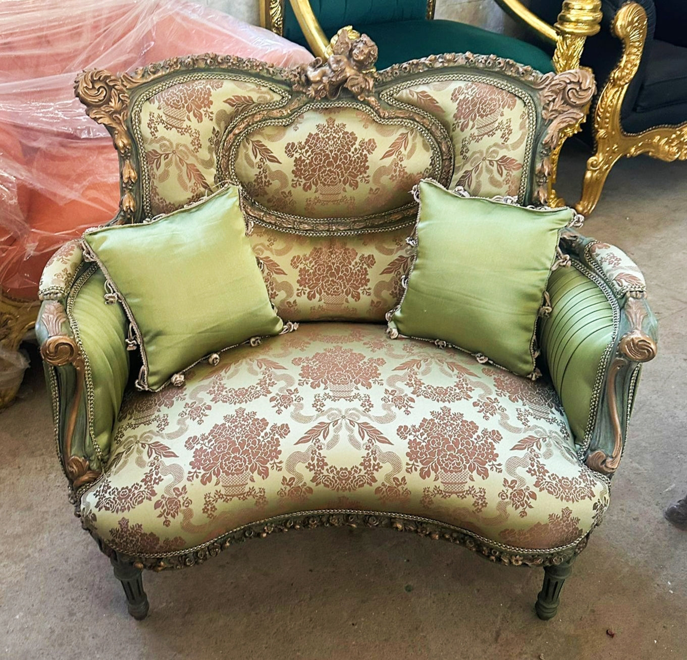 Romantic Green Wing Chair Italian Style with Copper Details Damask Fabric