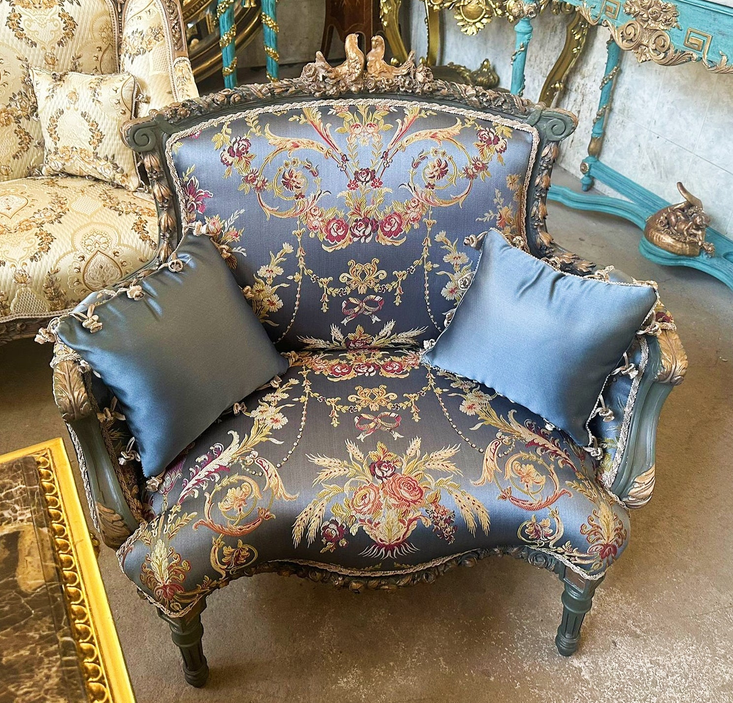Italian Inspired Dark Blue Wing Chair – Gold Leaf Detailing & Damask Fabric