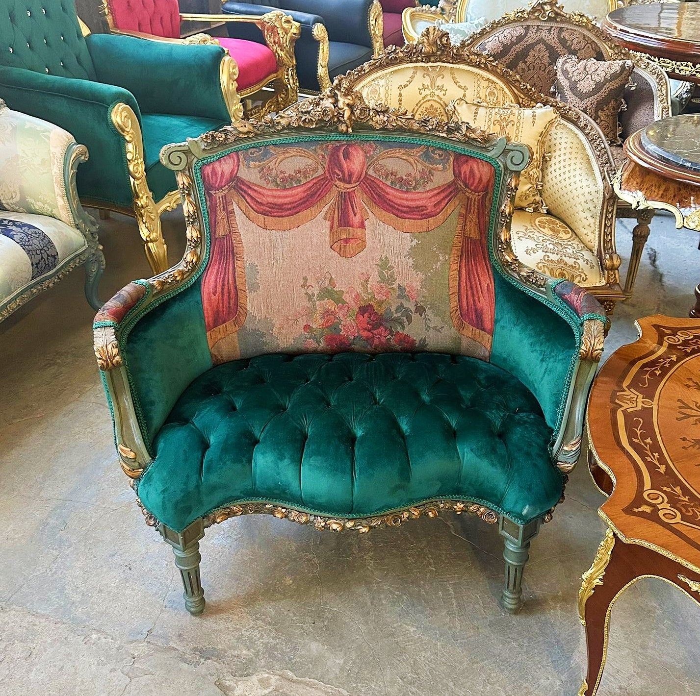Romantic Bergere Chair Rococo Style with Gold Details Damask Fabric
