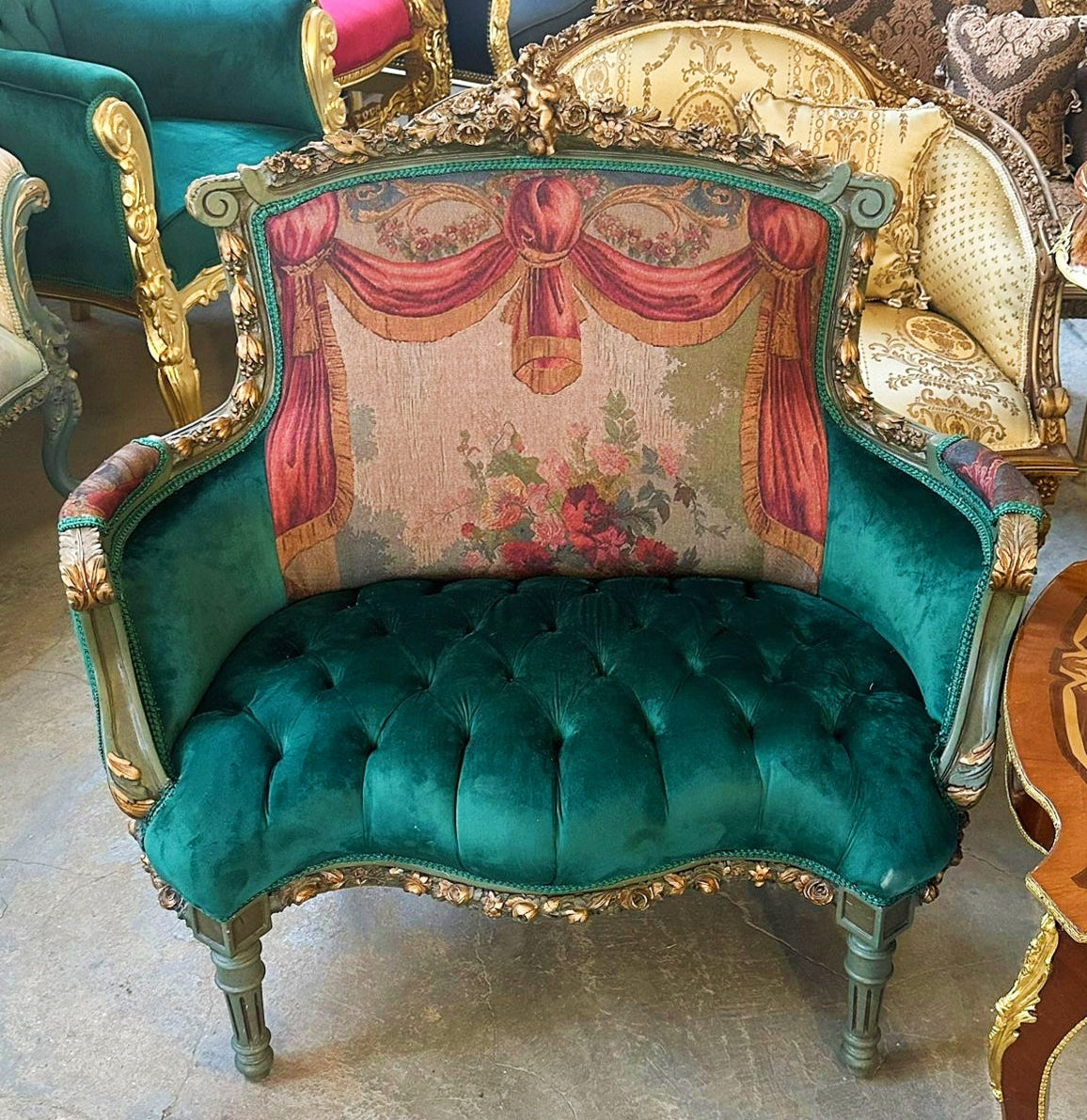 Romantic Bergere Chair Rococo Style with Gold Details Damask Fabric
