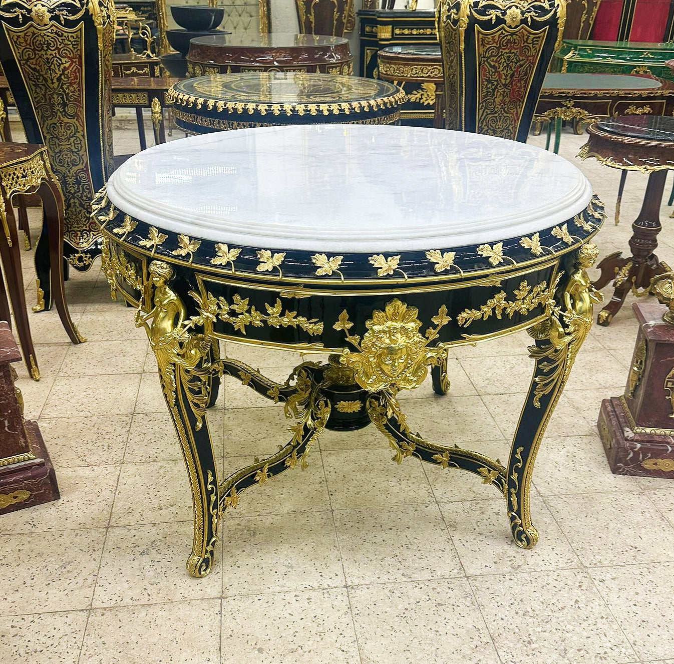 French Victorian Marble Top Black Finish Center Table – Ornate Gold Finish