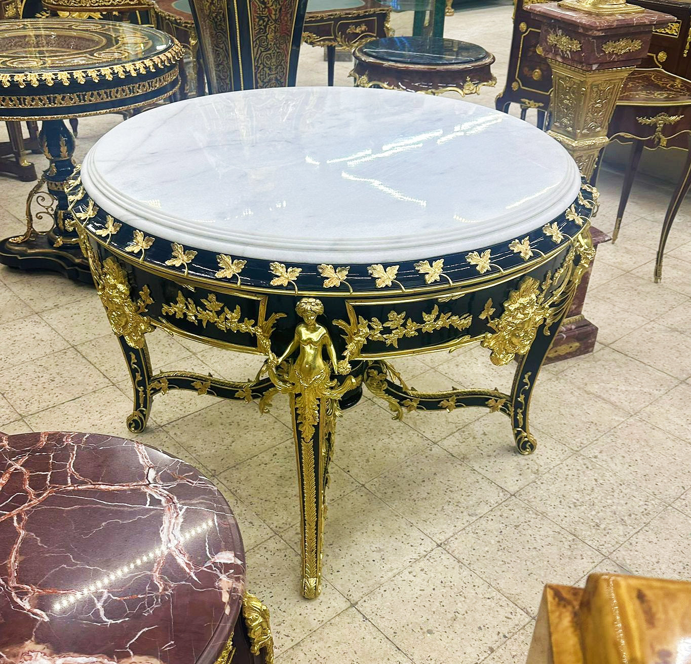 French Victorian Marble Top Black Finish Center Table – Ornate Gold Finish