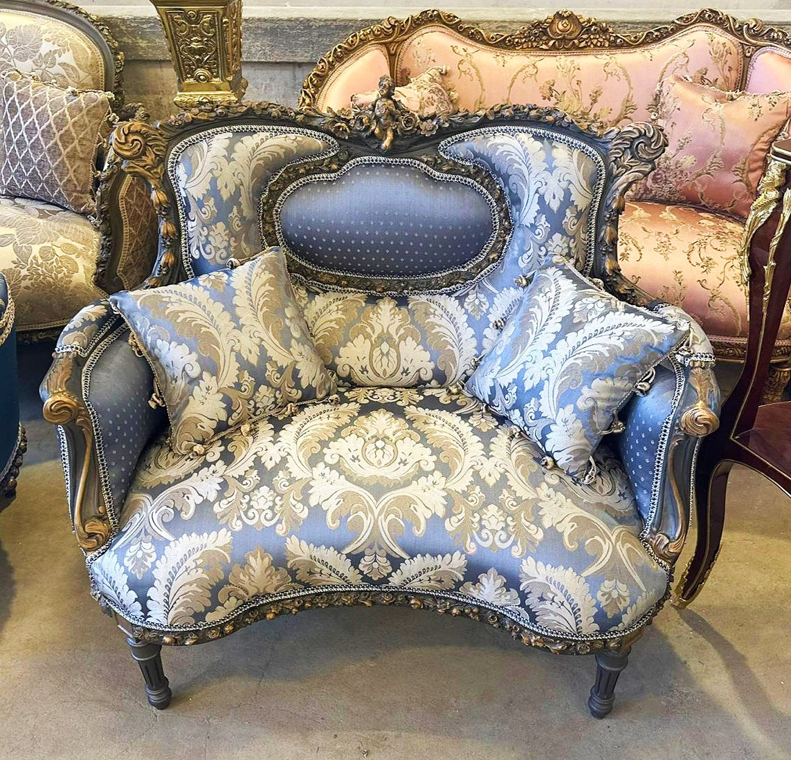 Blue Wing Chair Italian Style with Copper Details Damask Fabric