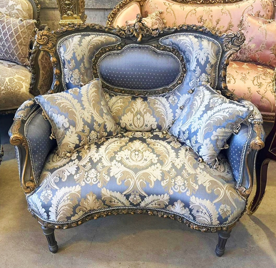 Blue Wing Chair Italian Style with Copper Details Damask Fabric
