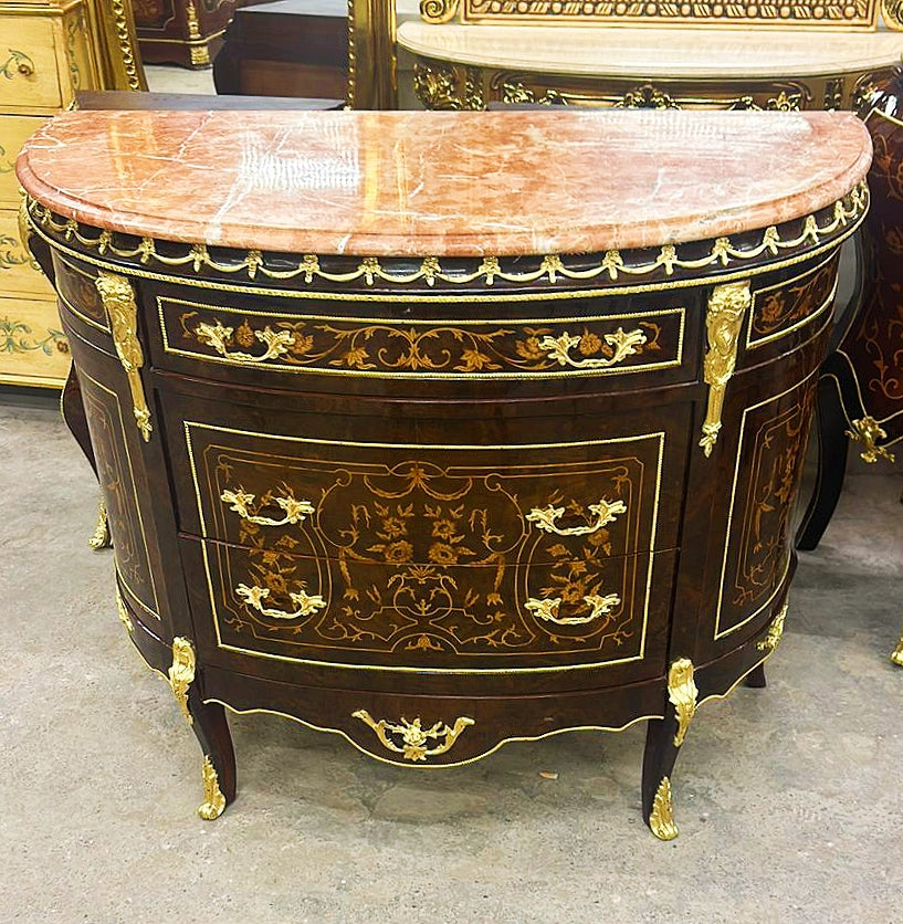 French Louis XV Style Brown Marquetry Commode Chest of Drawers Furniture Gold