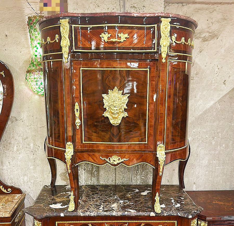 Louis XV Style Brown Commode Cabinet Bronze Details Marble Topped