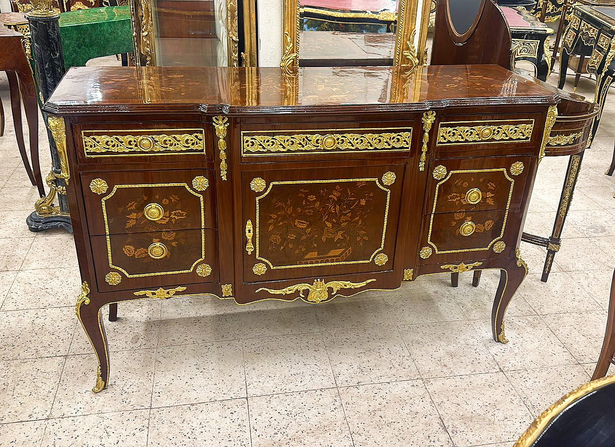 French Louis XVI Style Brown Commode Cabinet With Drawers Marble Topped