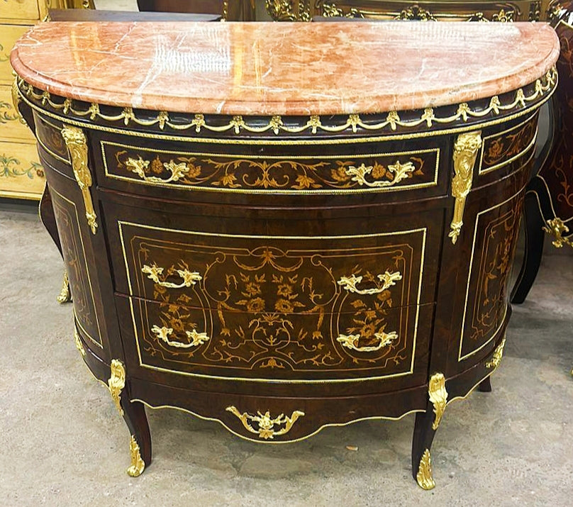 French Louis XV Style Brown Marquetry Commode Chest of Drawers Furniture Gold