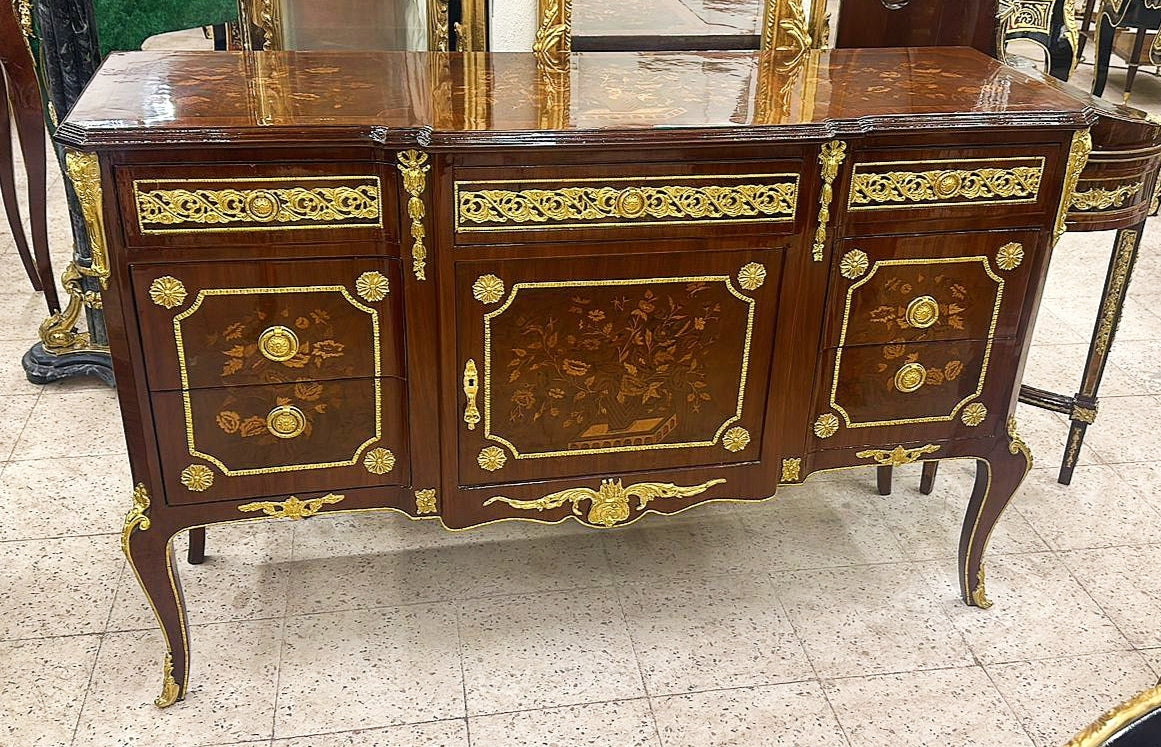 French Louis XVI Style Brown Commode Cabinet With Drawers Marble Topped