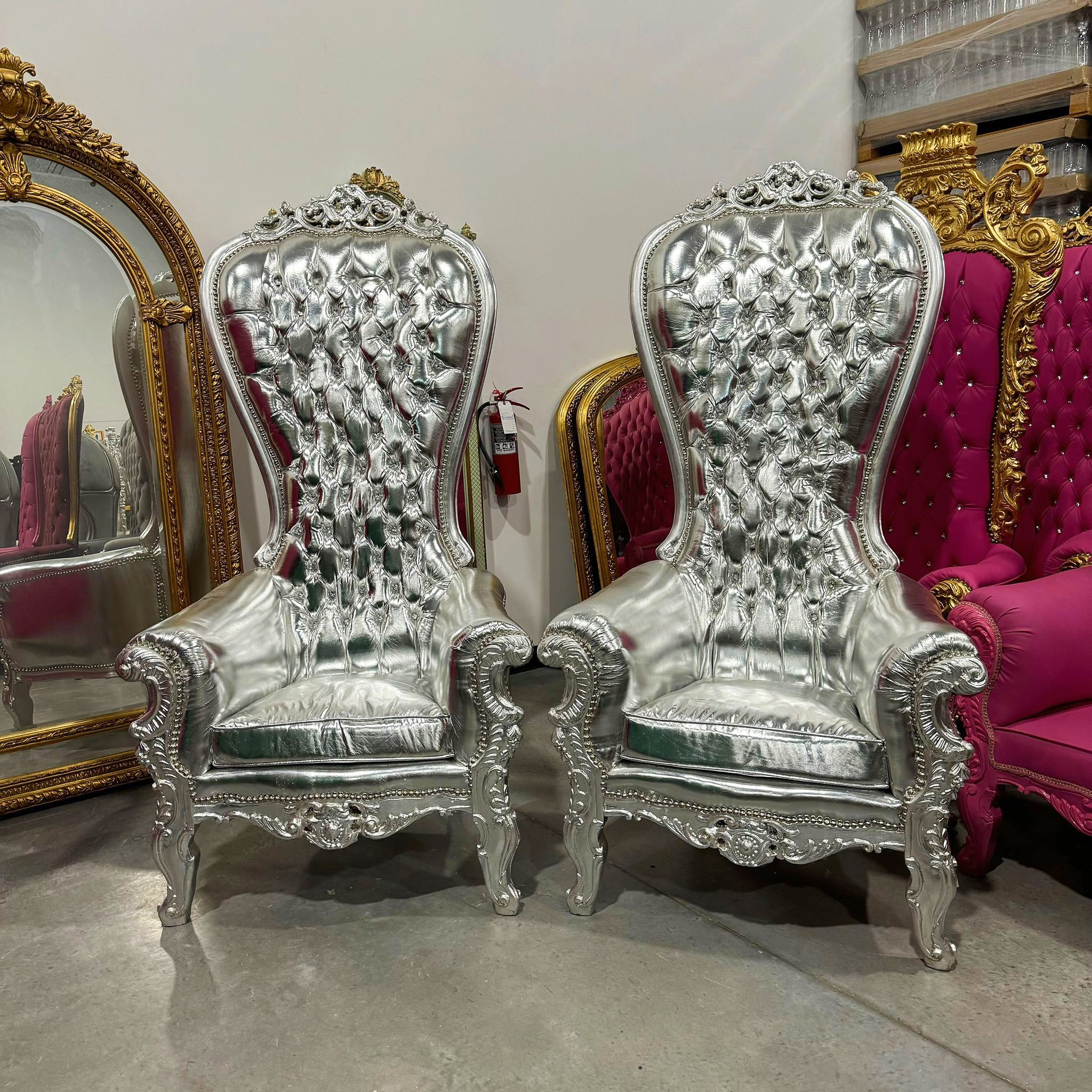 Throne Chair French Style Silver Leather High-Back Tufted Silver Throne