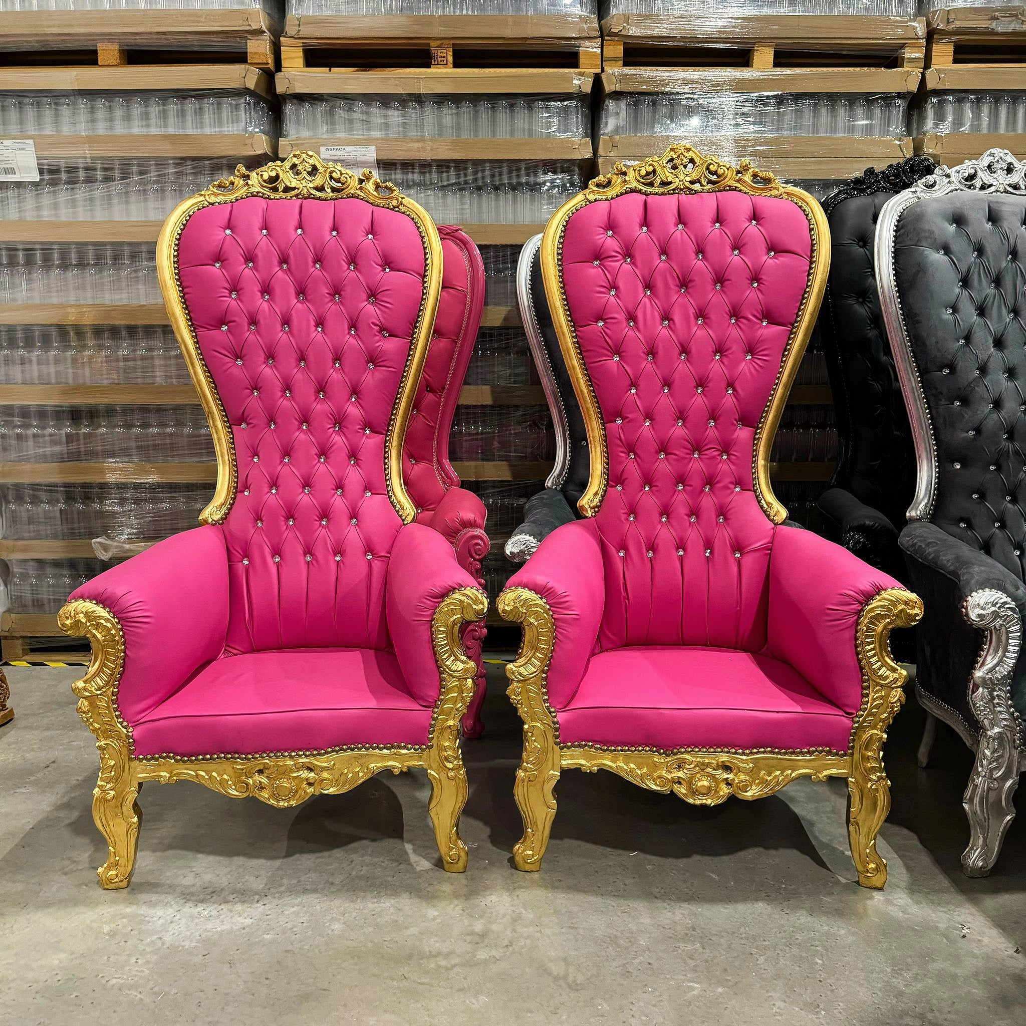 Throne Chair French Style Pink Leather High-Back Tufted Gold Throne