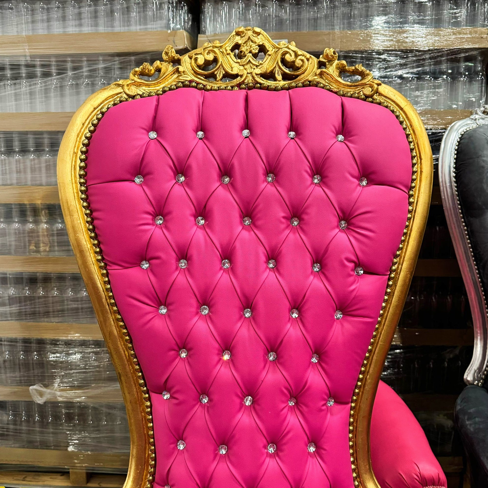 Throne Chair French Style Pink Leather High-Back Tufted Gold Throne