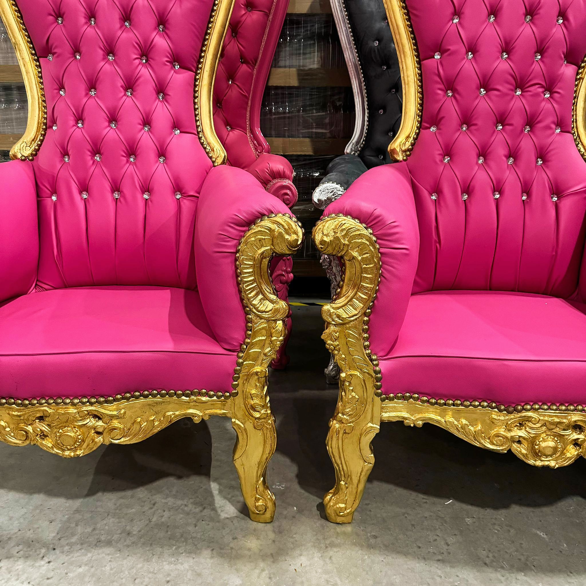 Throne Chair French Style Pink Leather High-Back Tufted Gold Throne