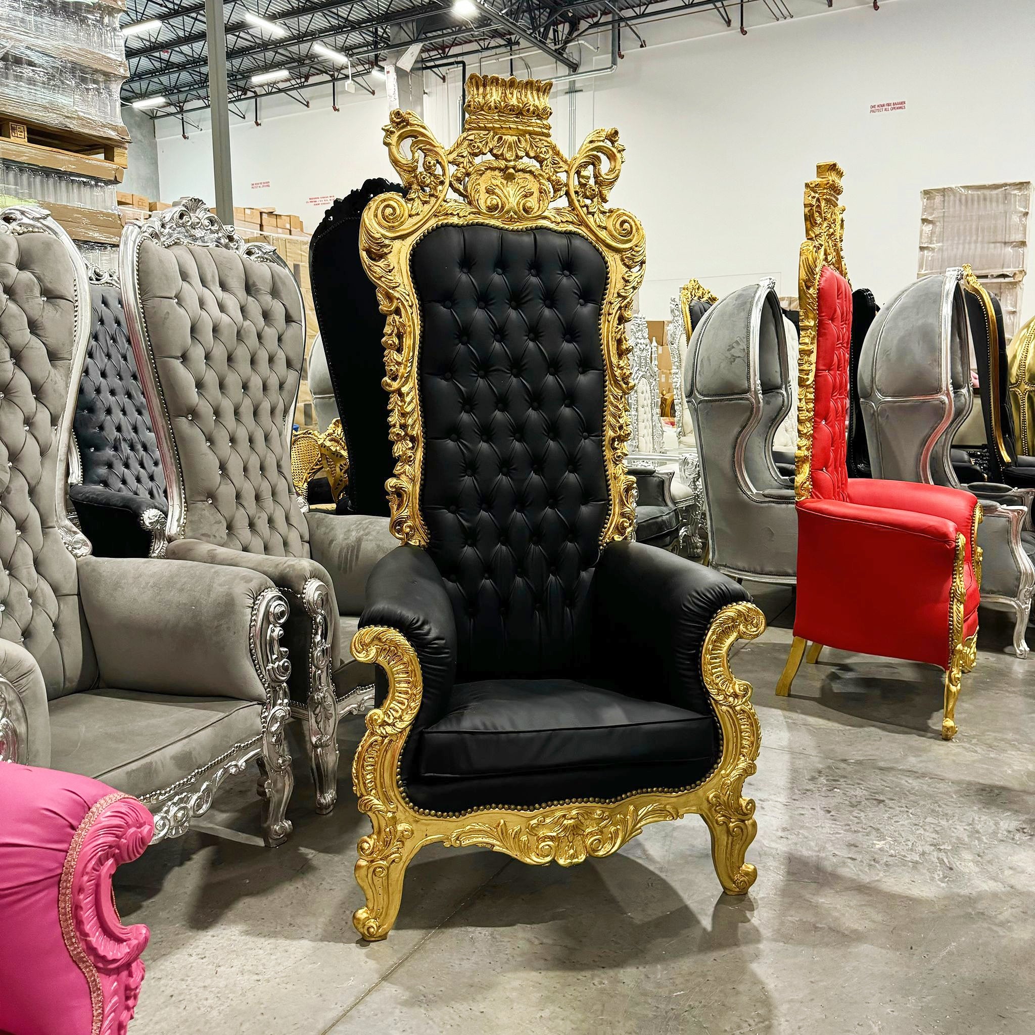 French Style Black Throne Chair 77”H Leather Tufted High Back Gothic Baroque
