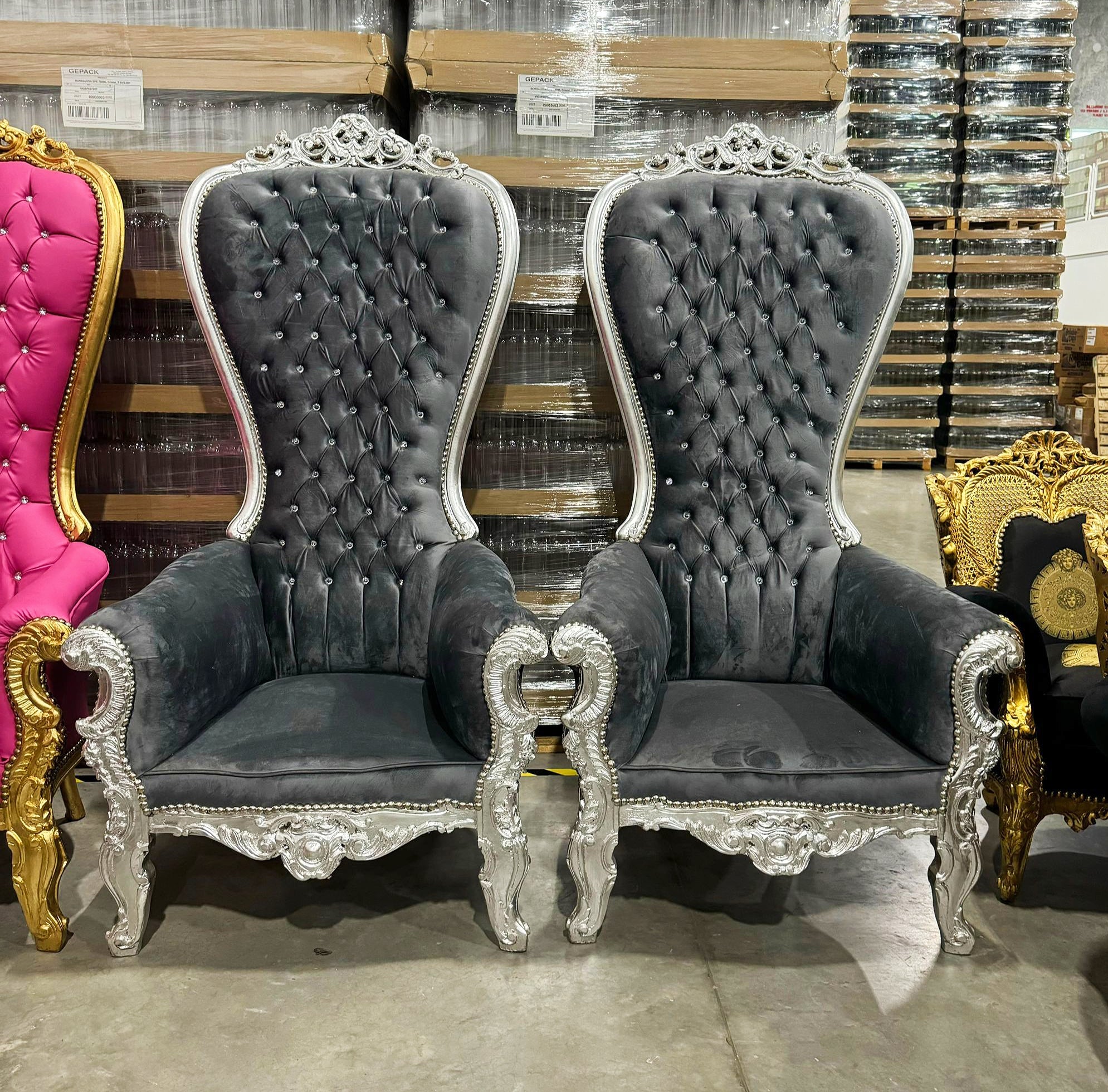 Throne Chair French Style Dark Gray Velvet High-Back Tufted Silver Throne