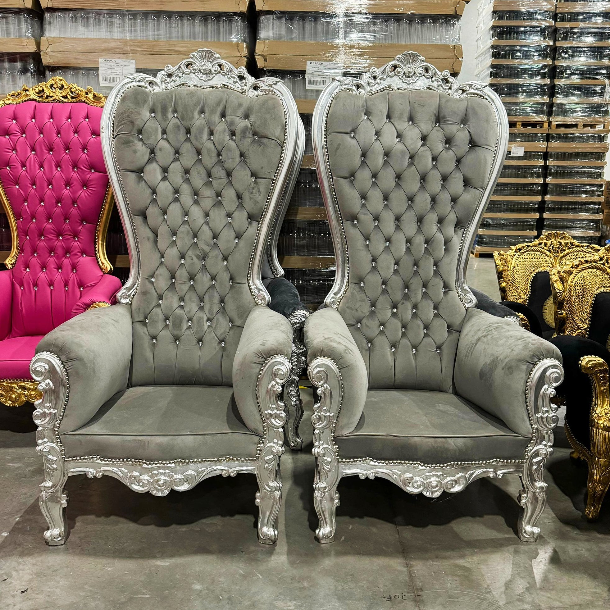 Throne Chair French Style Light Gray Velvet High-Back Tufted Silver Throne