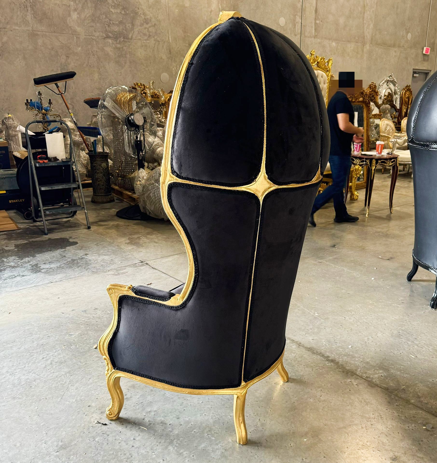 Balloon Chair French Style Black Velvet High-Back Canopy Lacquer Chair Gold