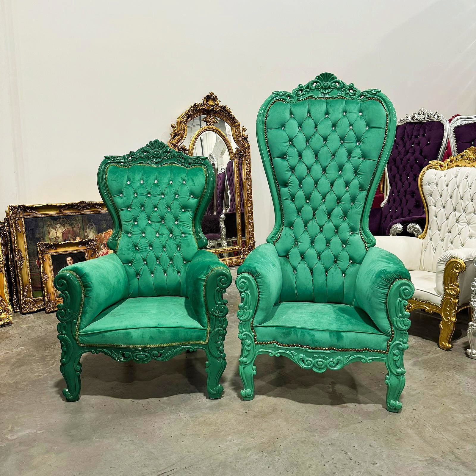 Throne Chair SET French Style Green Velvet High-Back Tufted Throne