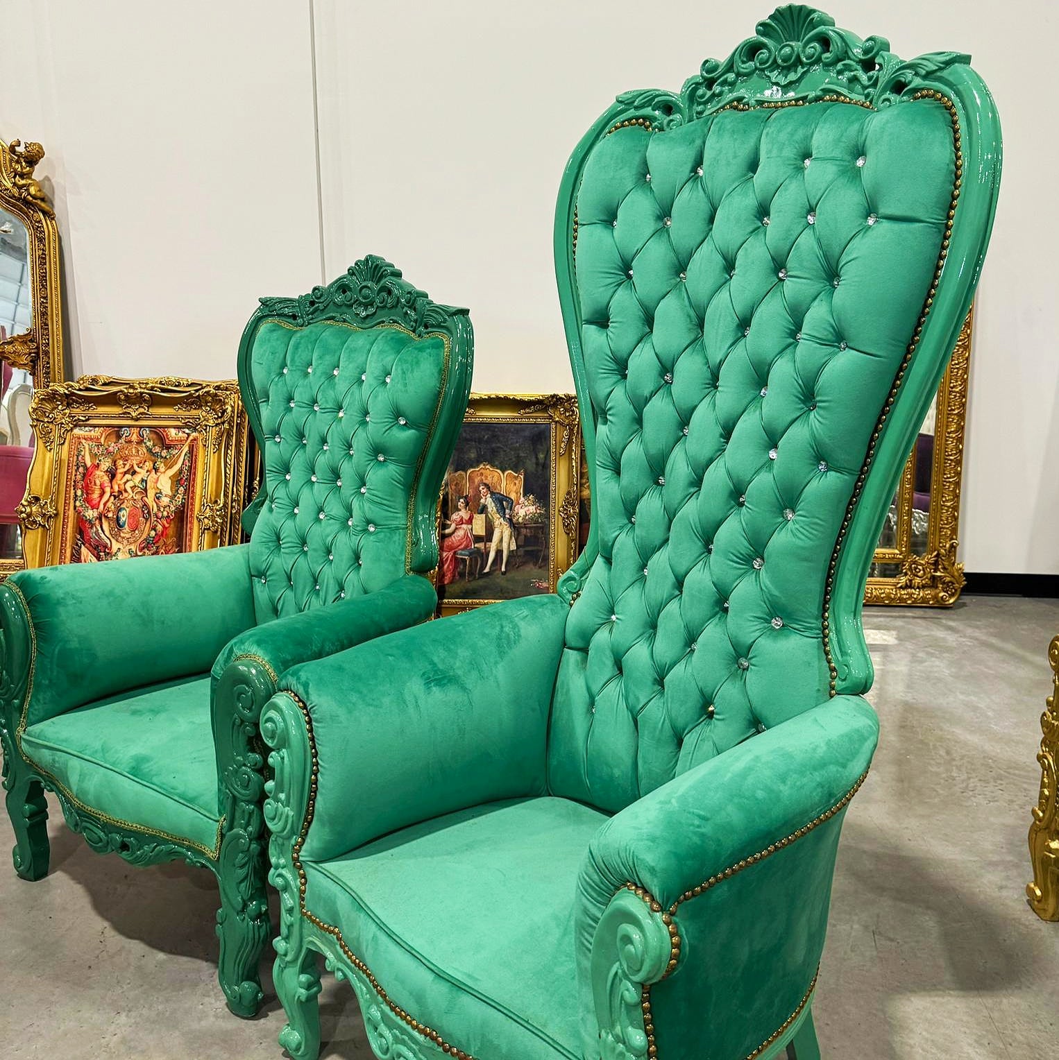 Throne Chair SET French Style Green Velvet High-Back Tufted Throne