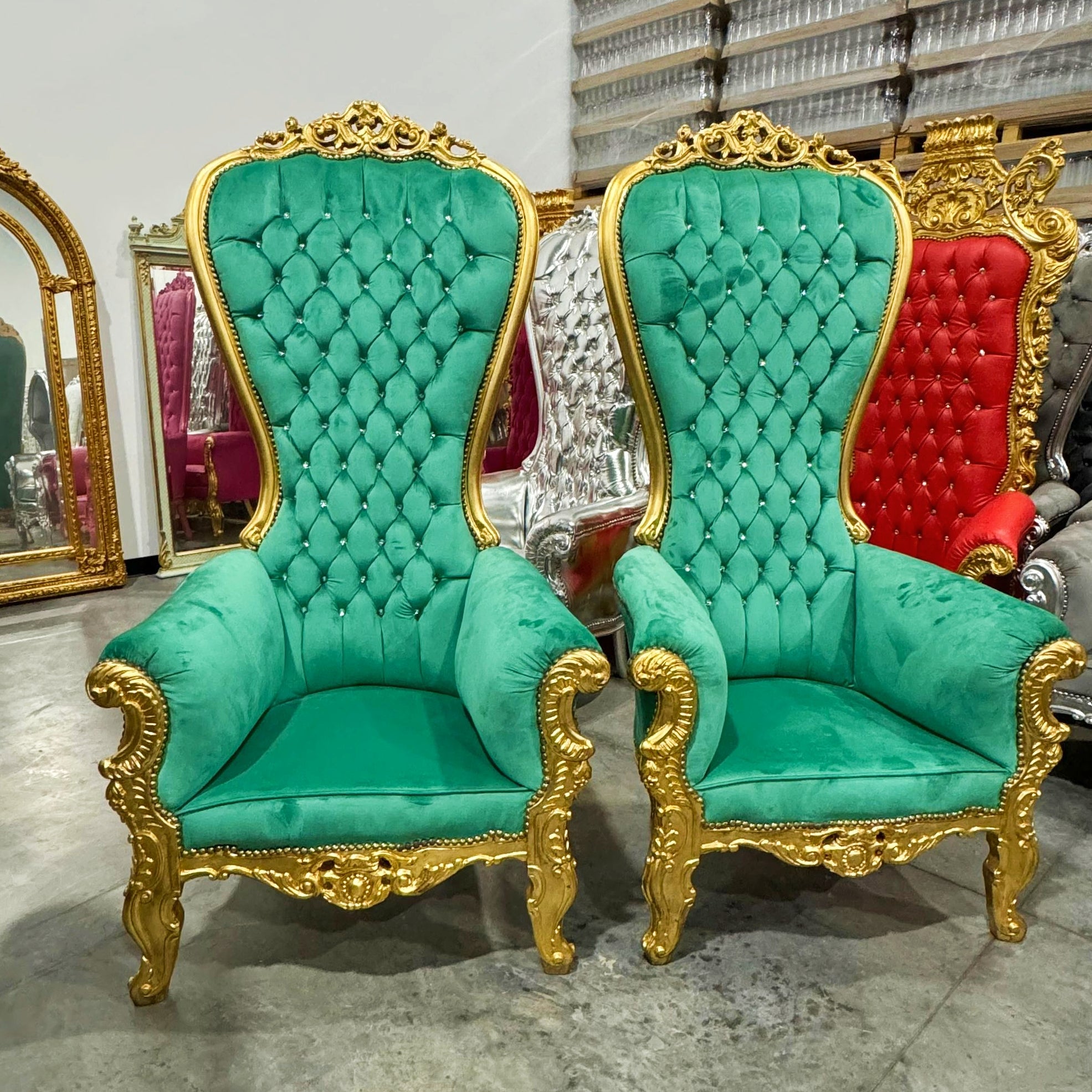 Throne Chair *SET Special Price* French Style Green Velvet High-Back Tufted