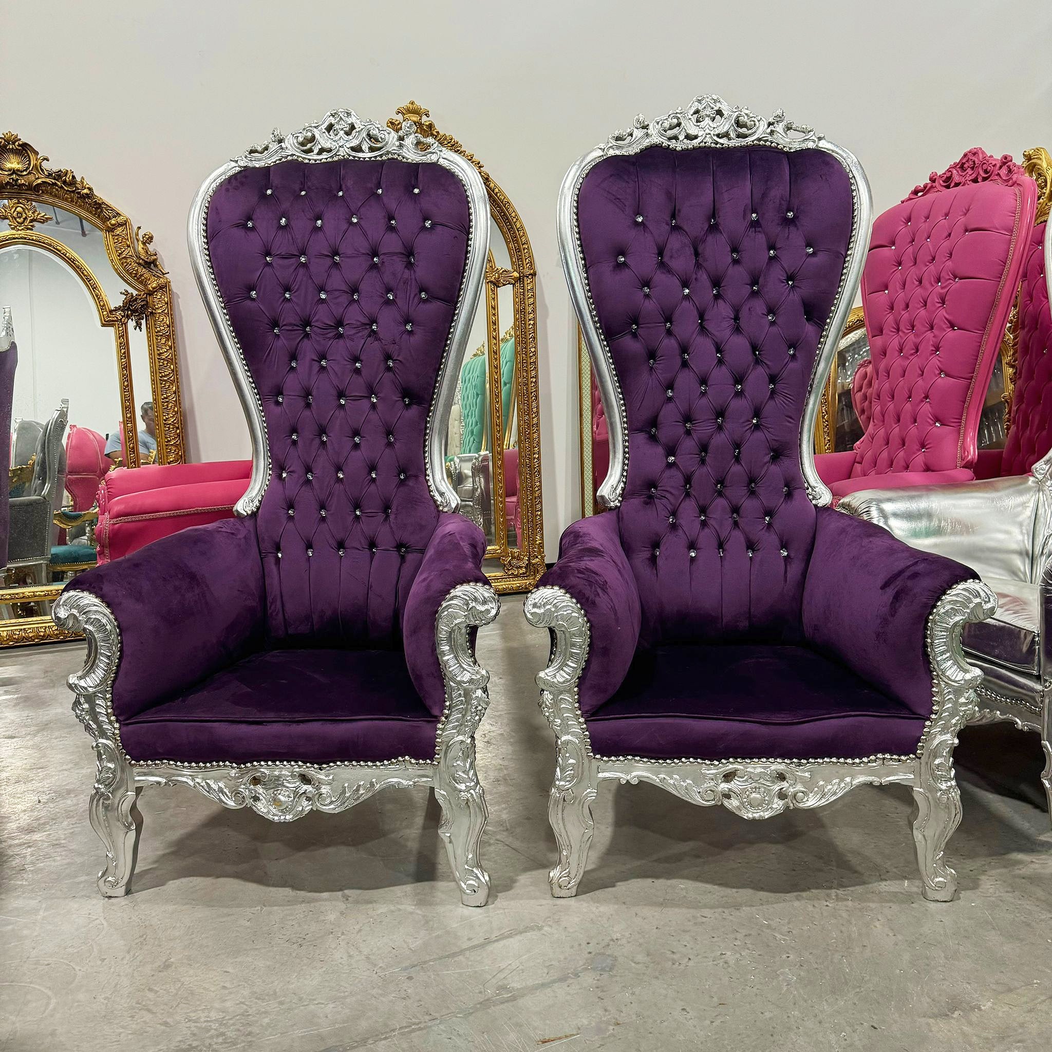 Throne Chair French Style Purple Velvet High-Back Tufted Silver Throne