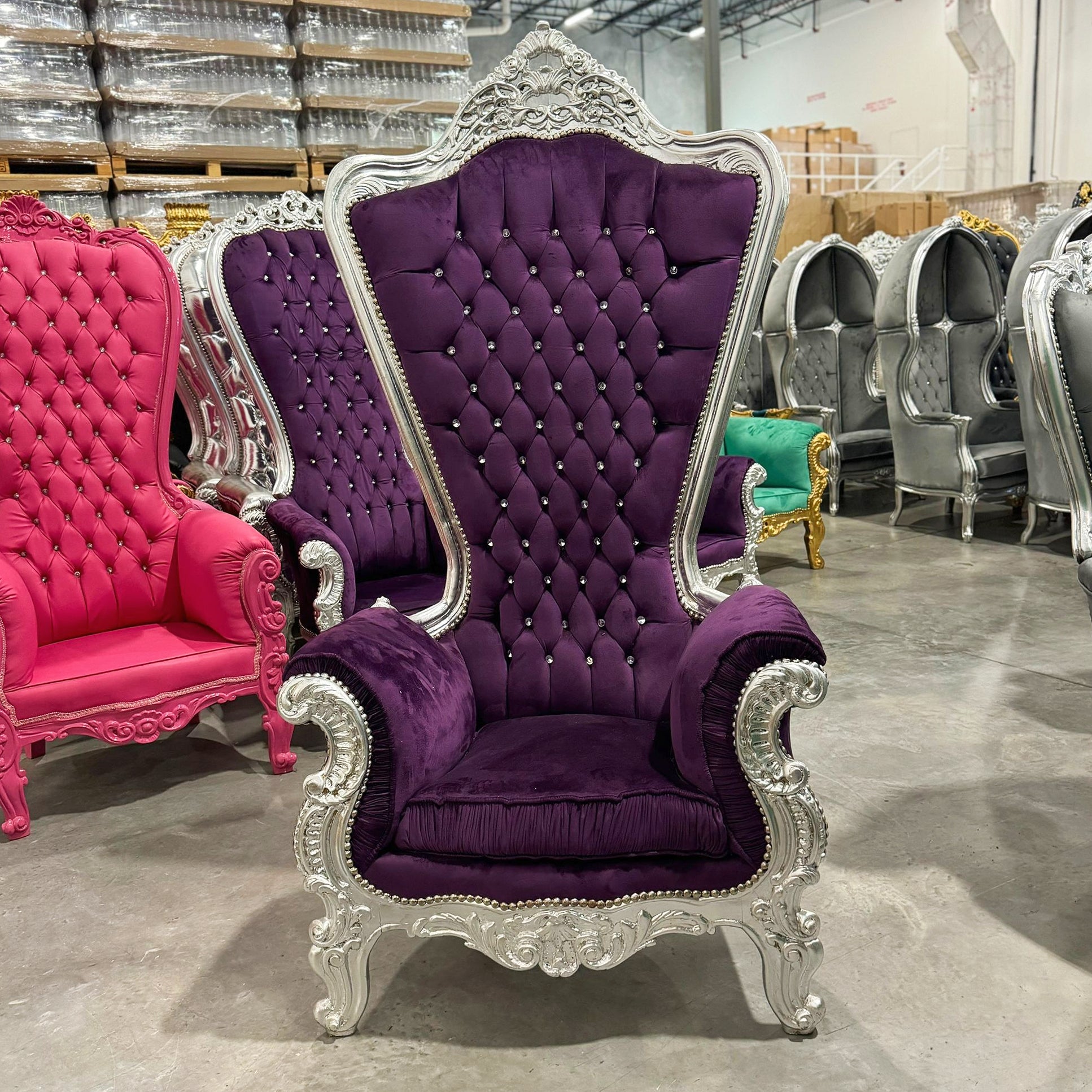 Throne Chair French Style Purple Velvet High-Back Tufted Silver Throne