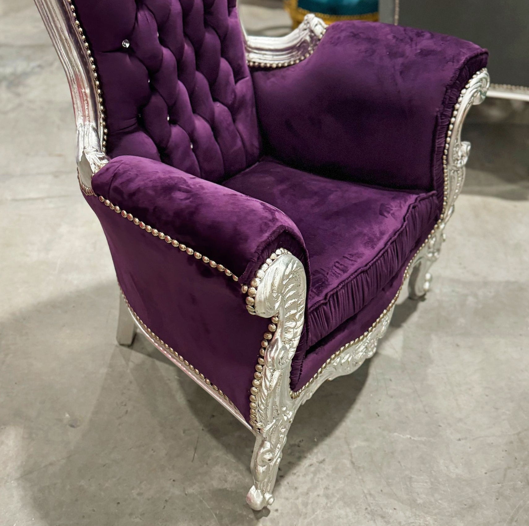 Throne Chair French Style Purple Velvet High-Back Tufted Silver Throne