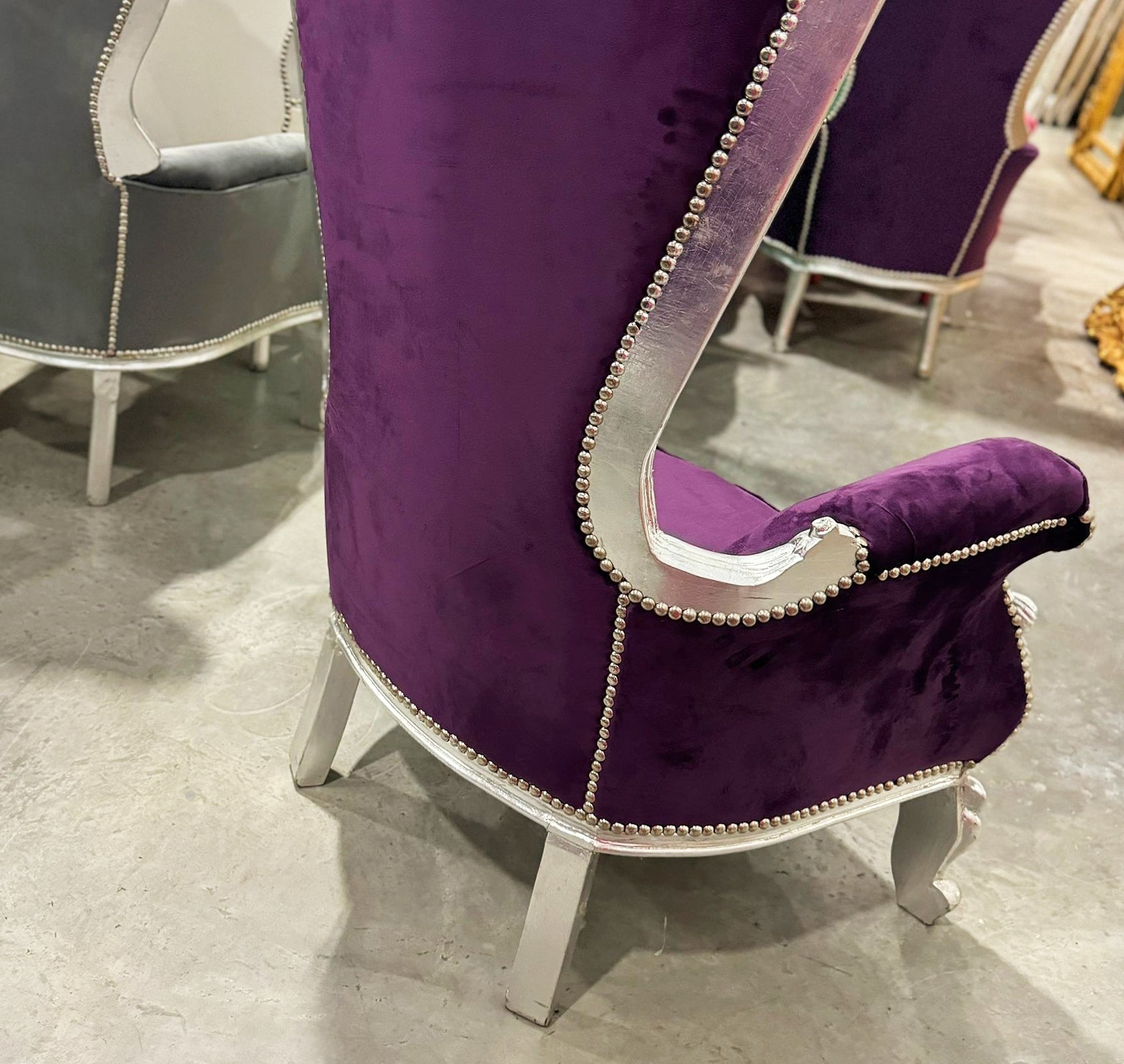 Throne Chair French Style Purple Velvet High-Back Tufted Silver Throne