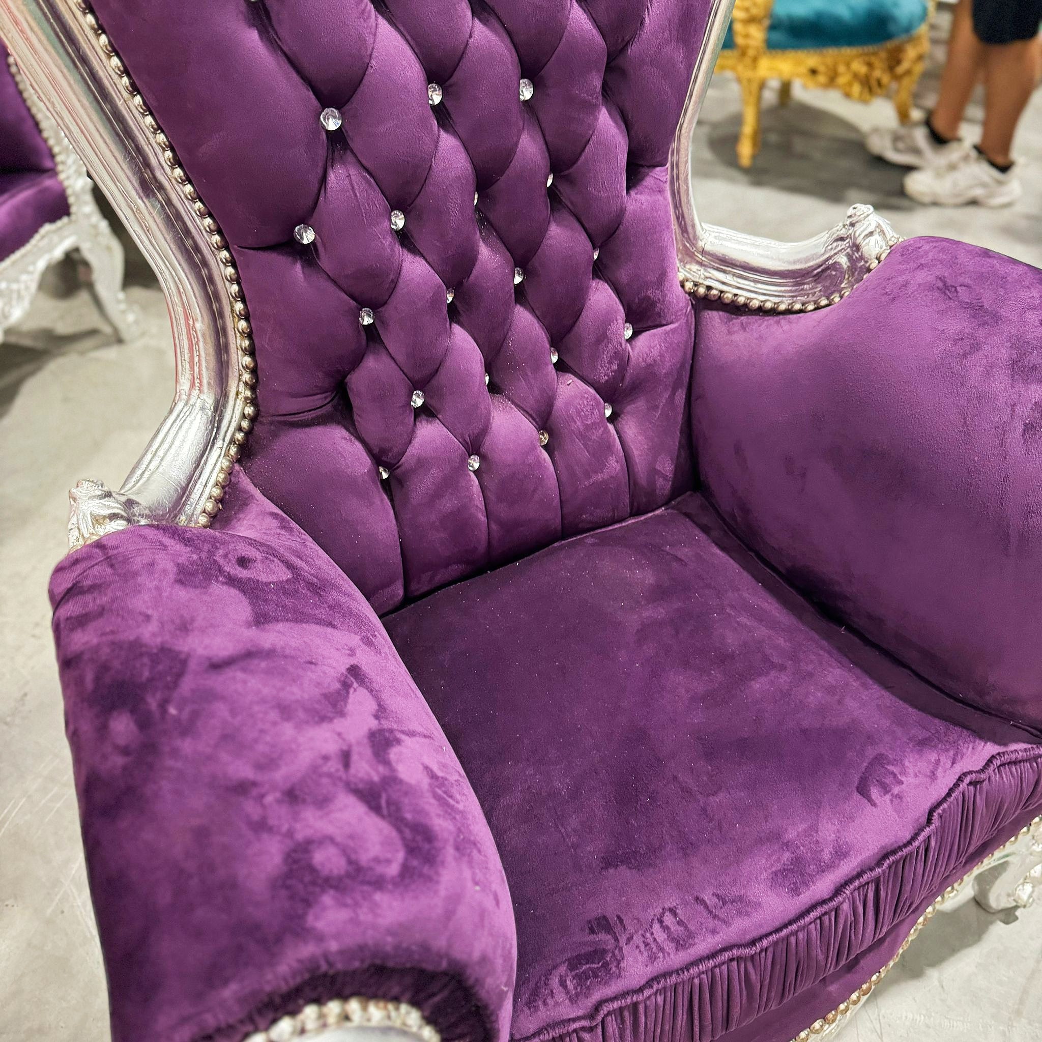 Throne Chair French Style Purple Velvet High-Back Tufted Silver Throne