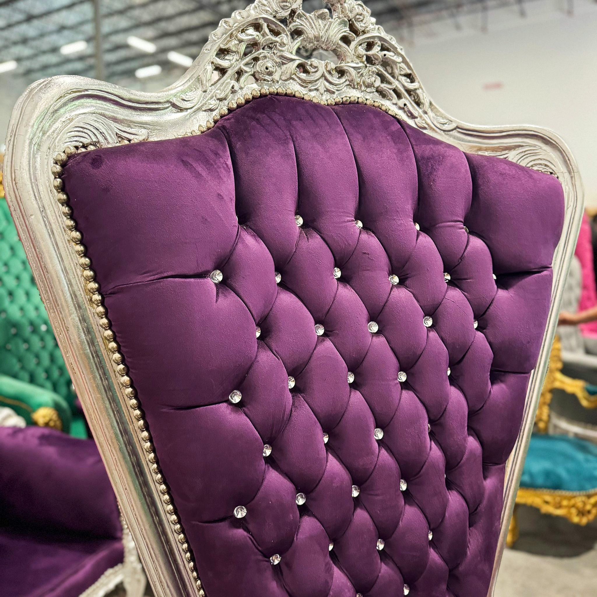 Throne Chair French Style Purple Velvet High-Back Tufted Silver Throne