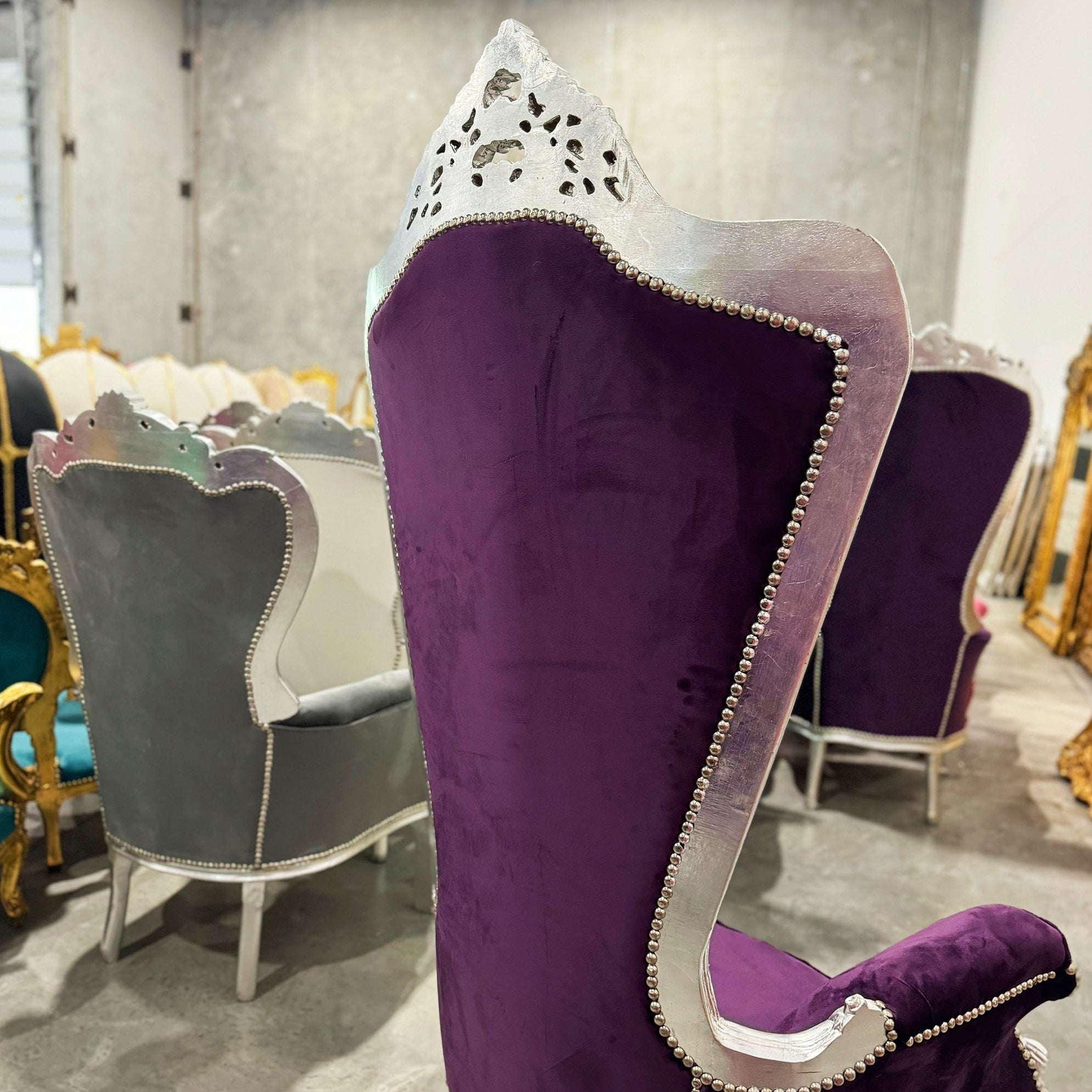 Throne Chair French Style Purple Velvet High-Back Tufted Silver Throne