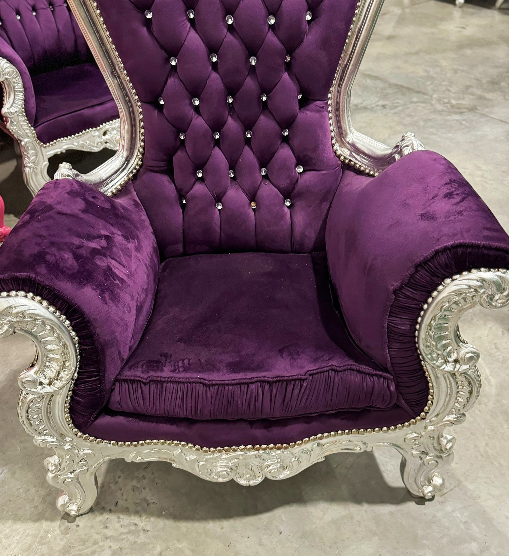 Throne Chair French Style Purple Velvet High-Back Tufted Silver Throne