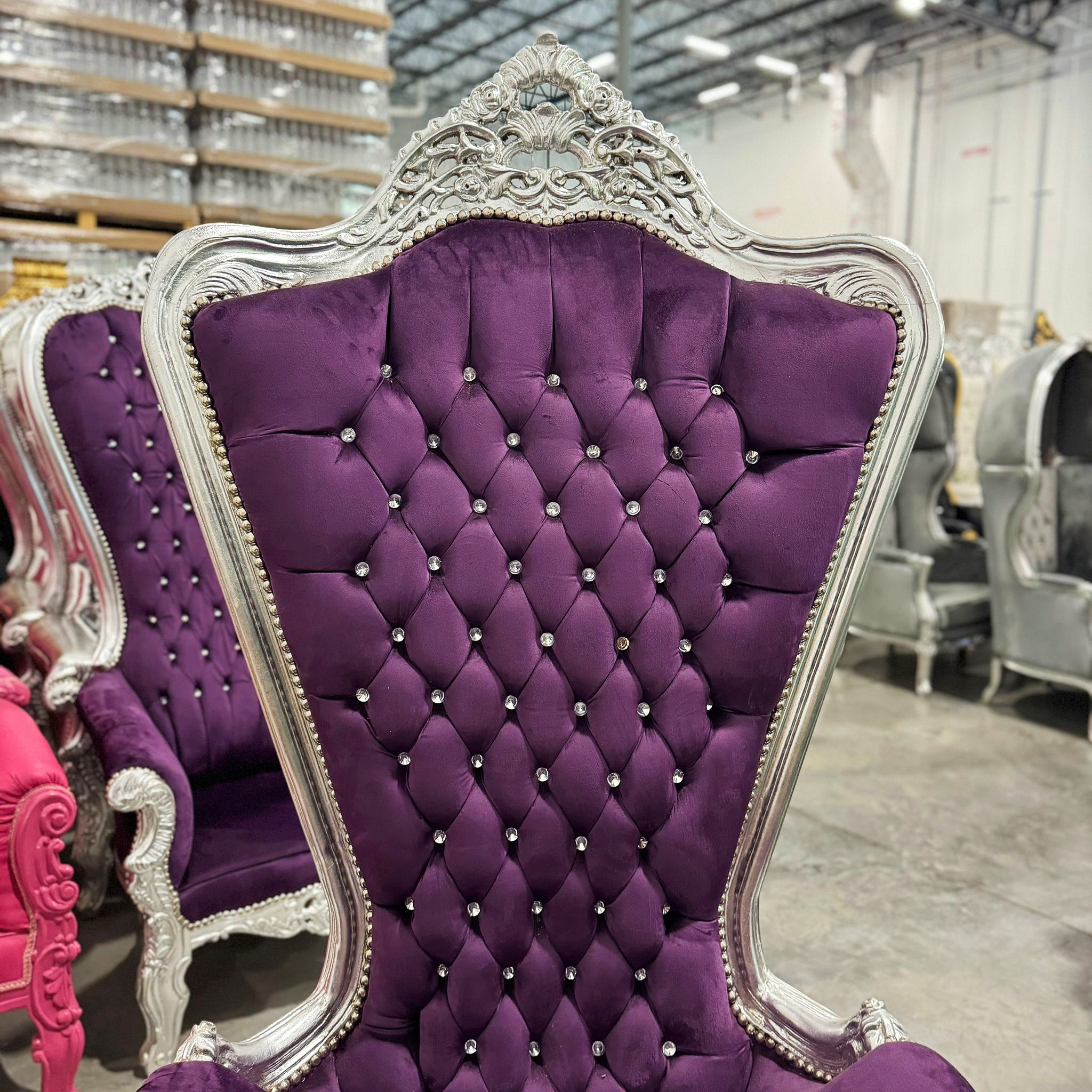 Throne Chair French Style Purple Velvet High-Back Tufted Silver Throne