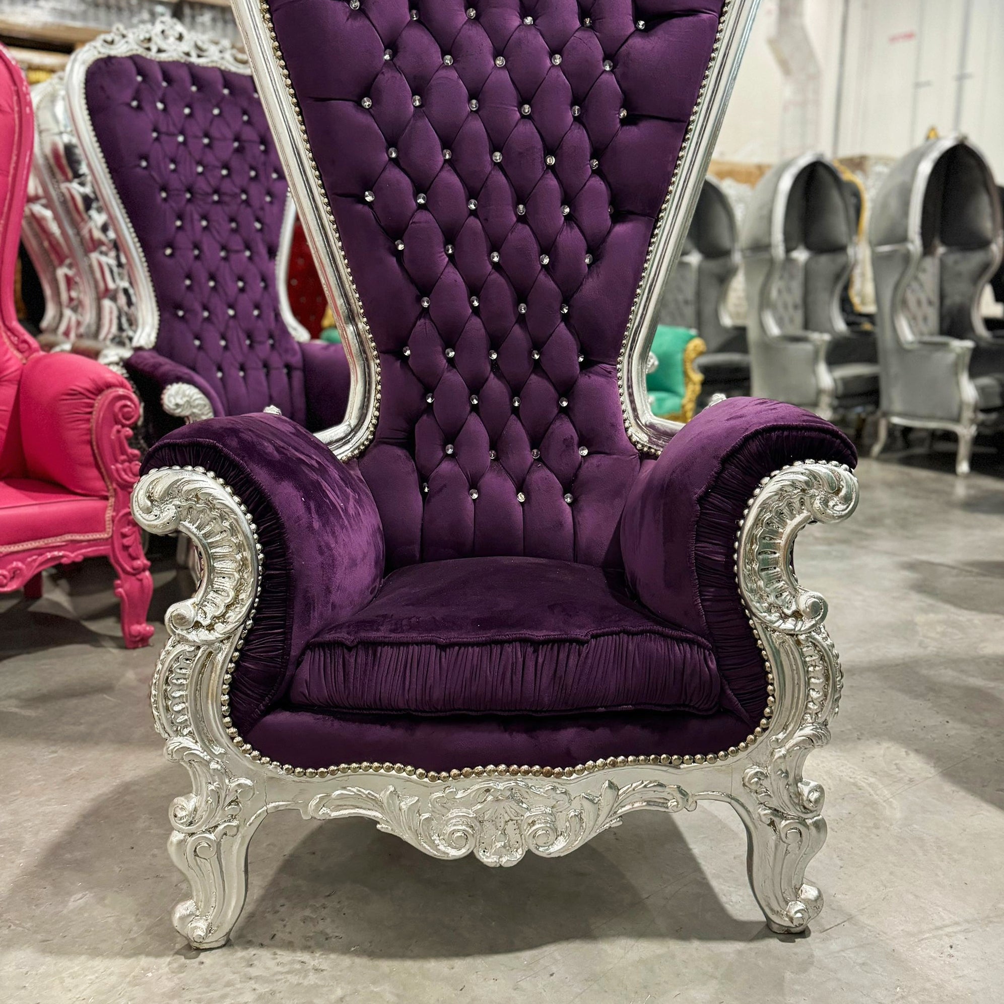 Throne Chair French Style Purple Velvet High-Back Tufted Silver Throne
