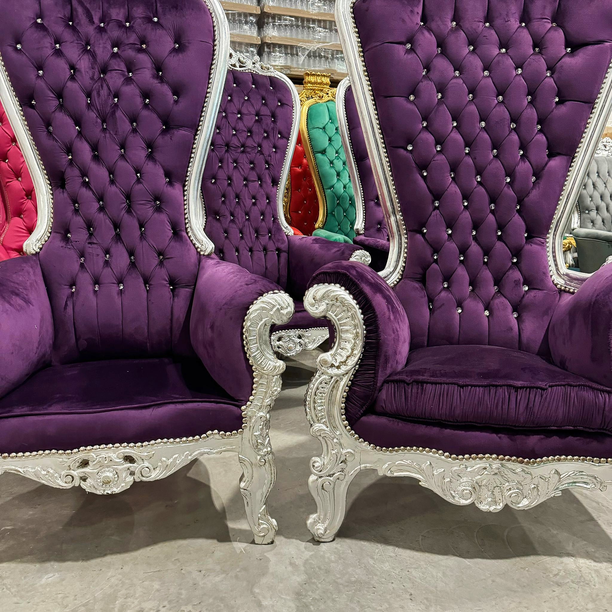 Throne Chair *SET For Him and Her* French Style Purple Velvet High-Back Tufted