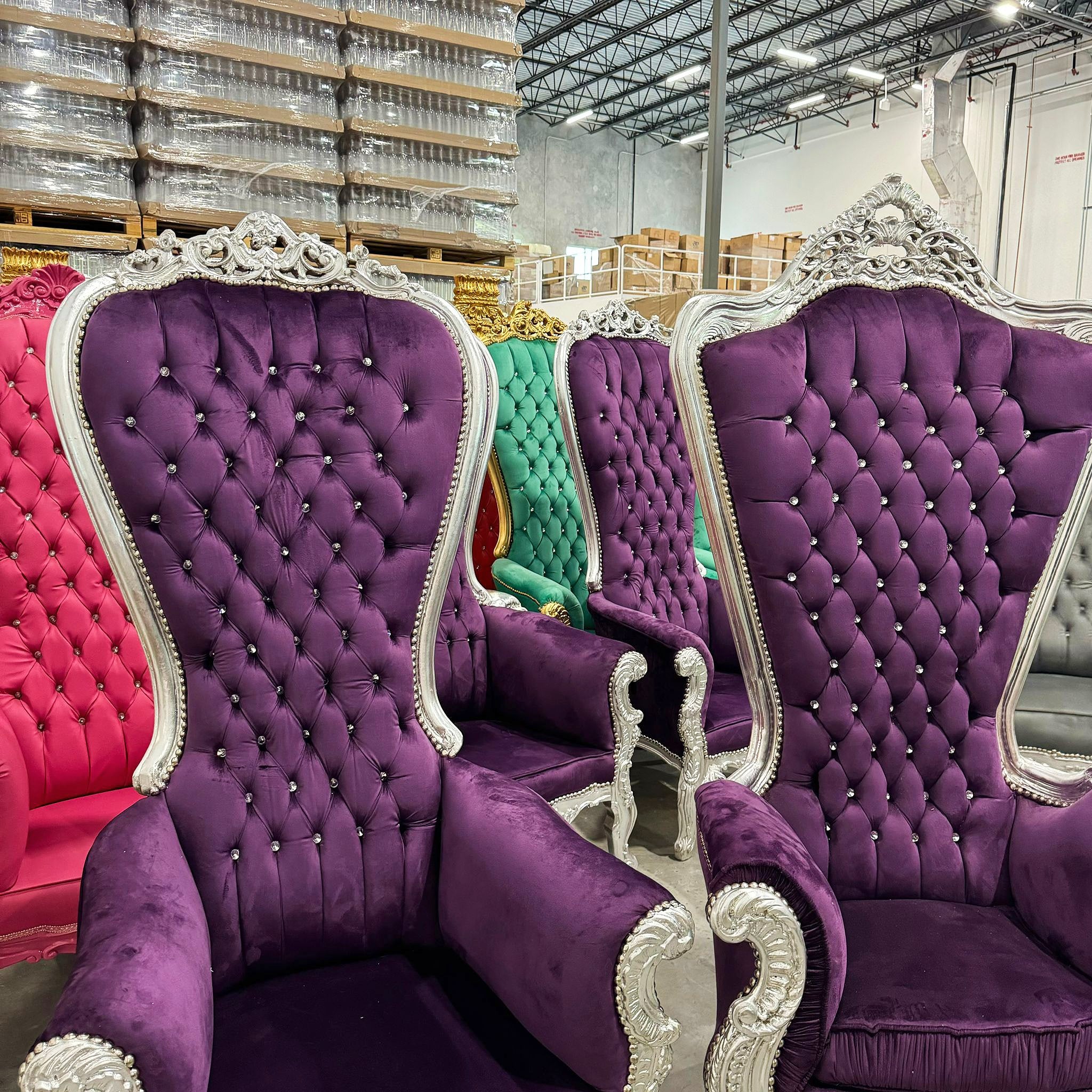 Throne Chair *SET For Him and Her* French Style Purple Velvet High-Back Tufted