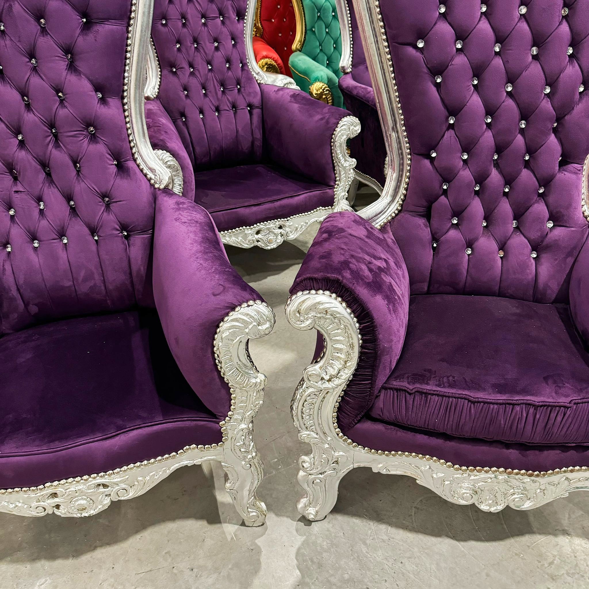 Throne Chair *SET For Him and Her* French Style Purple Velvet High-Back Tufted