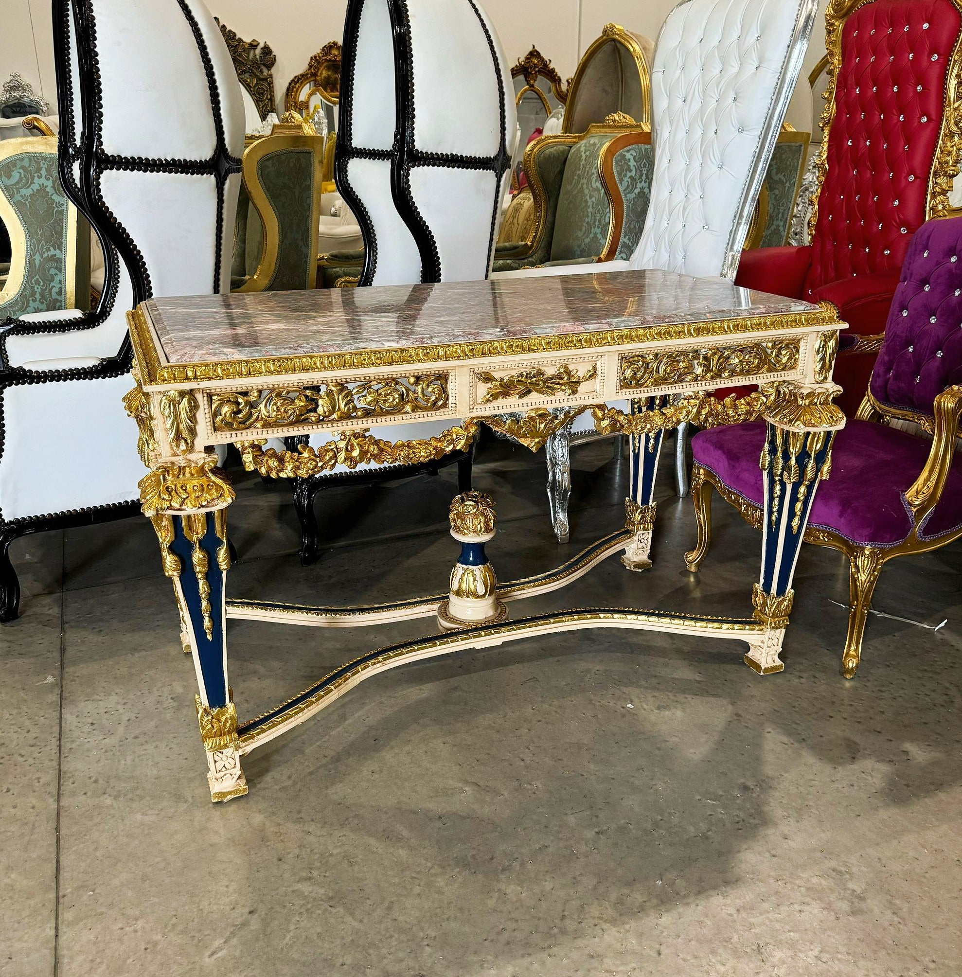 1950s French Baroque Table with Gold Leaf Marble Topped