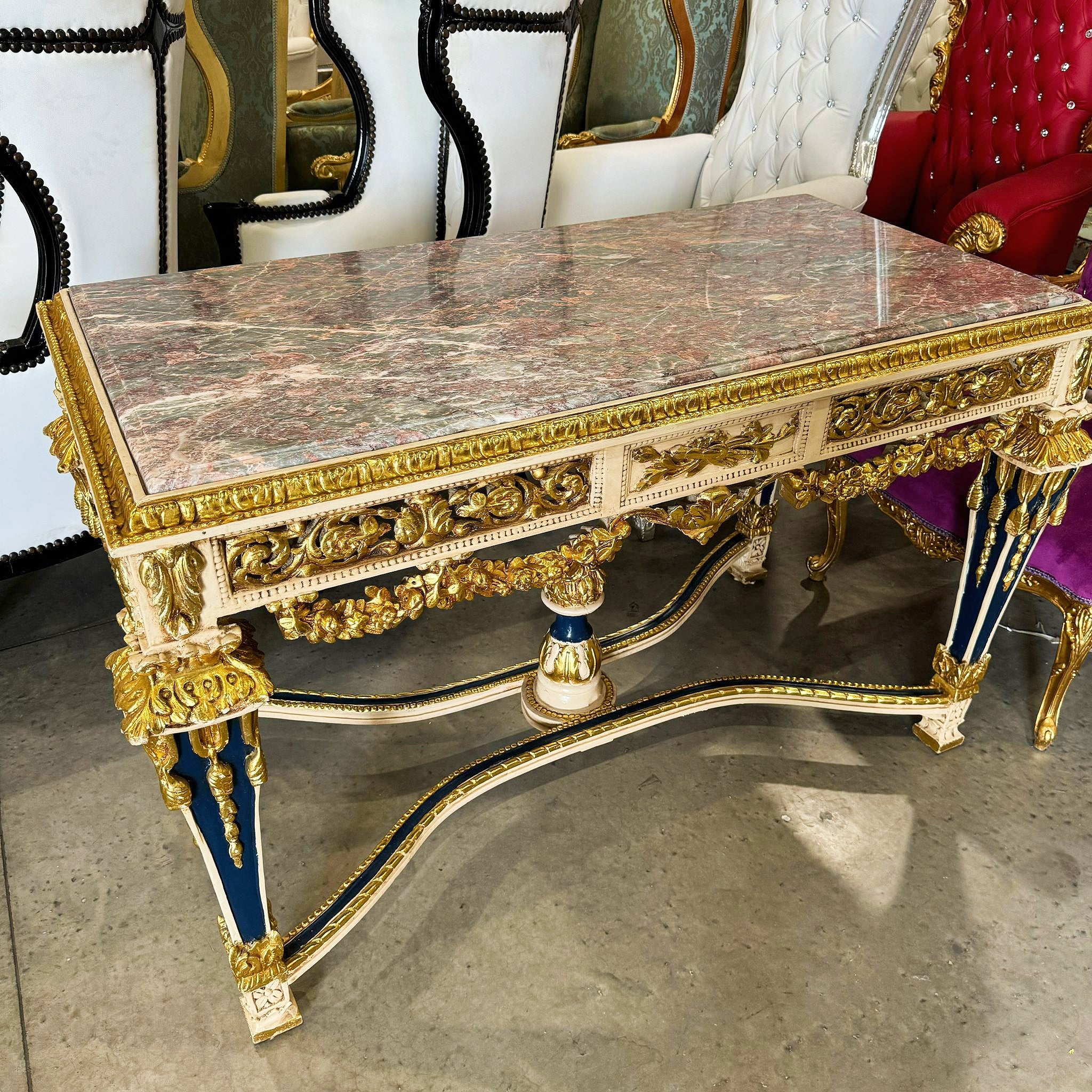 1950s French Baroque Table with Gold Leaf Marble Topped