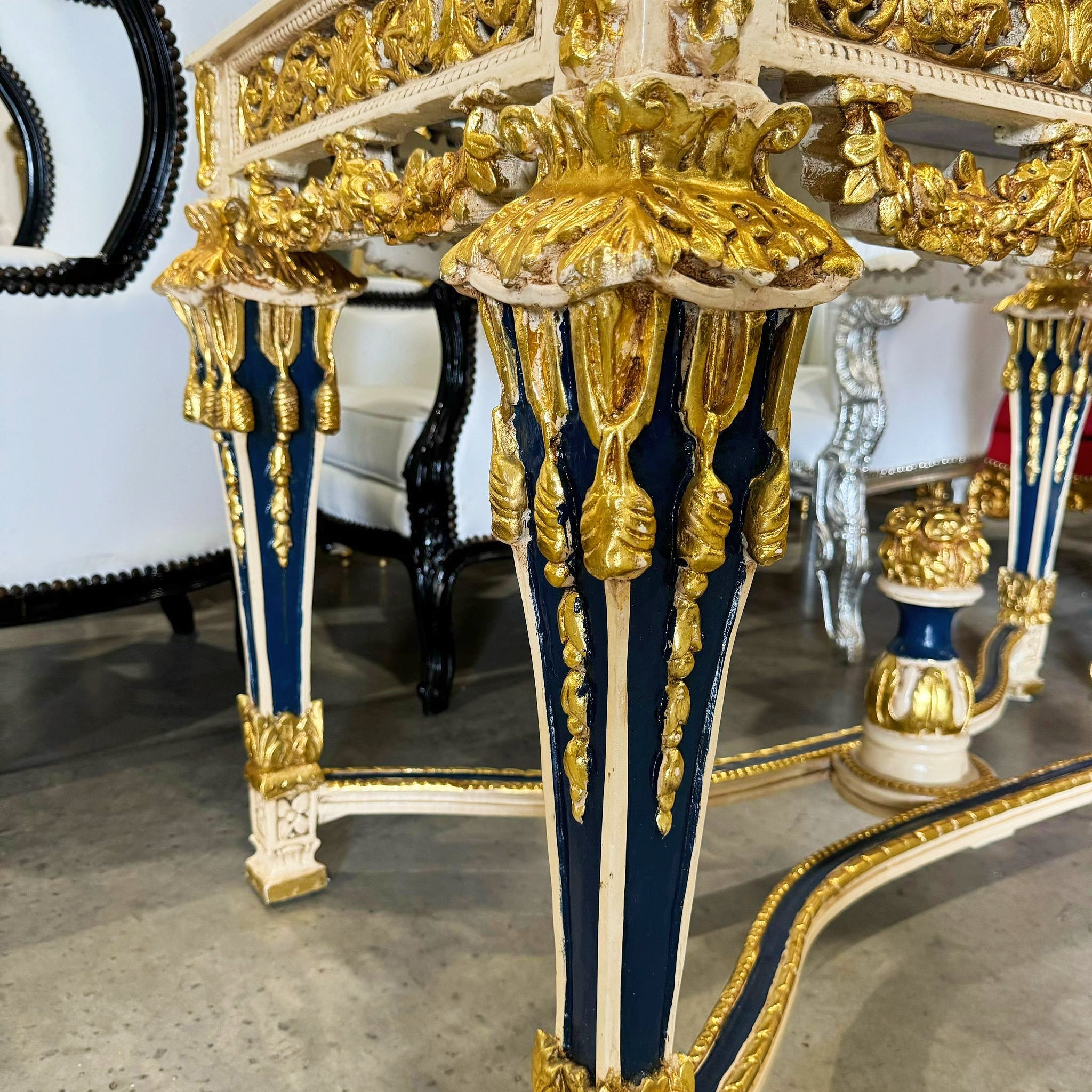 1950s French Baroque Table with Gold Leaf Marble Topped