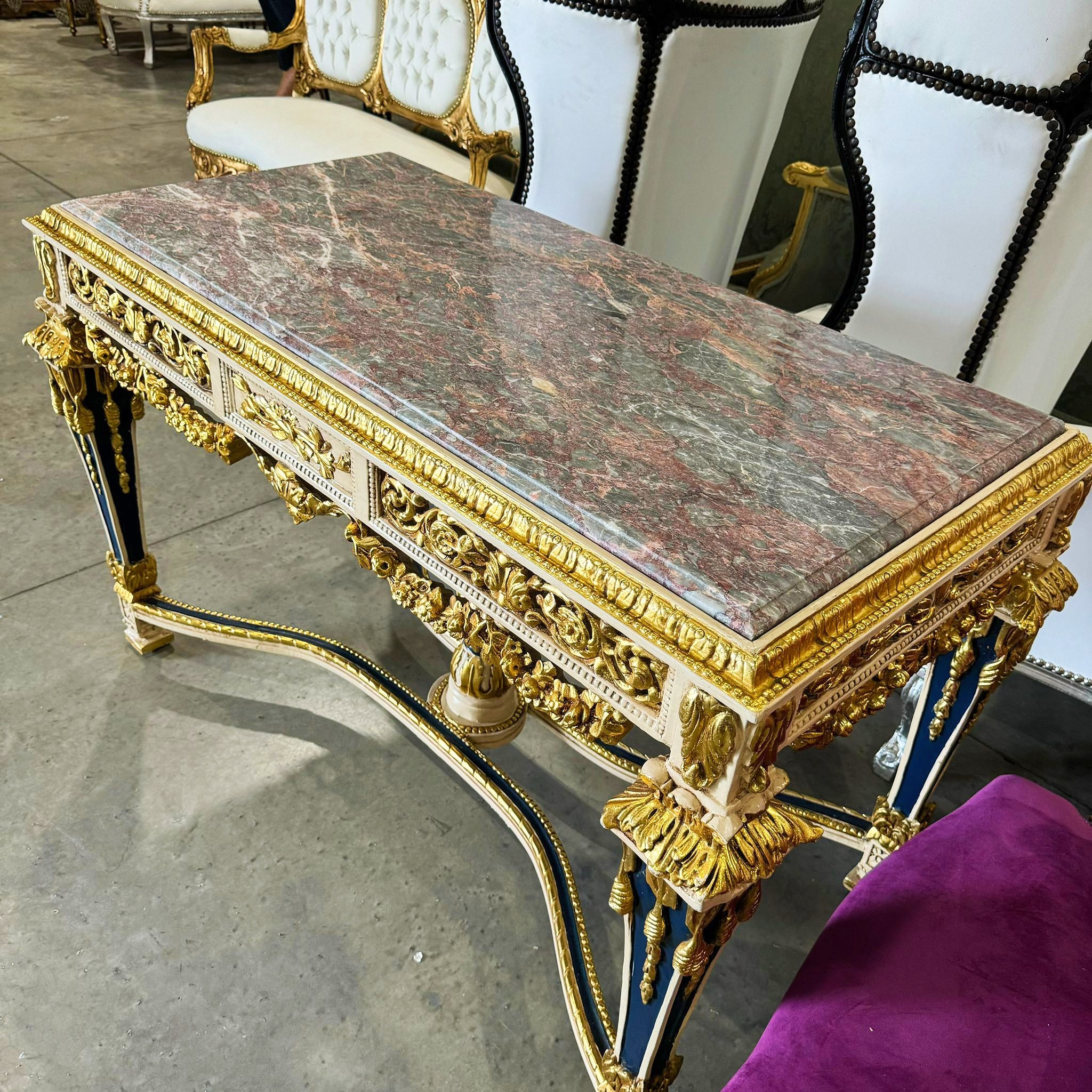 1950s French Baroque Table with Gold Leaf Marble Topped