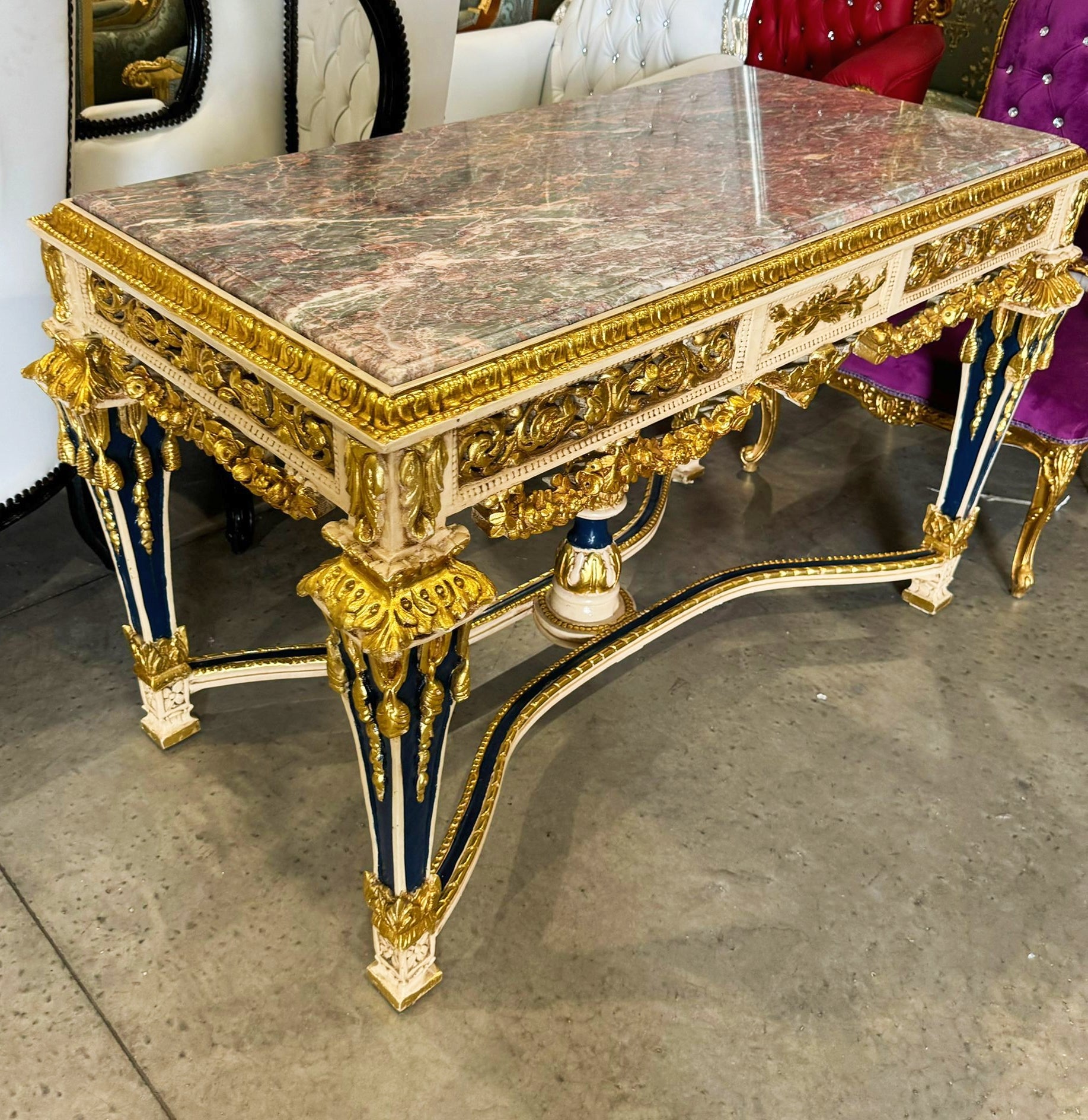 1950s French Baroque Table with Gold Leaf Marble Topped